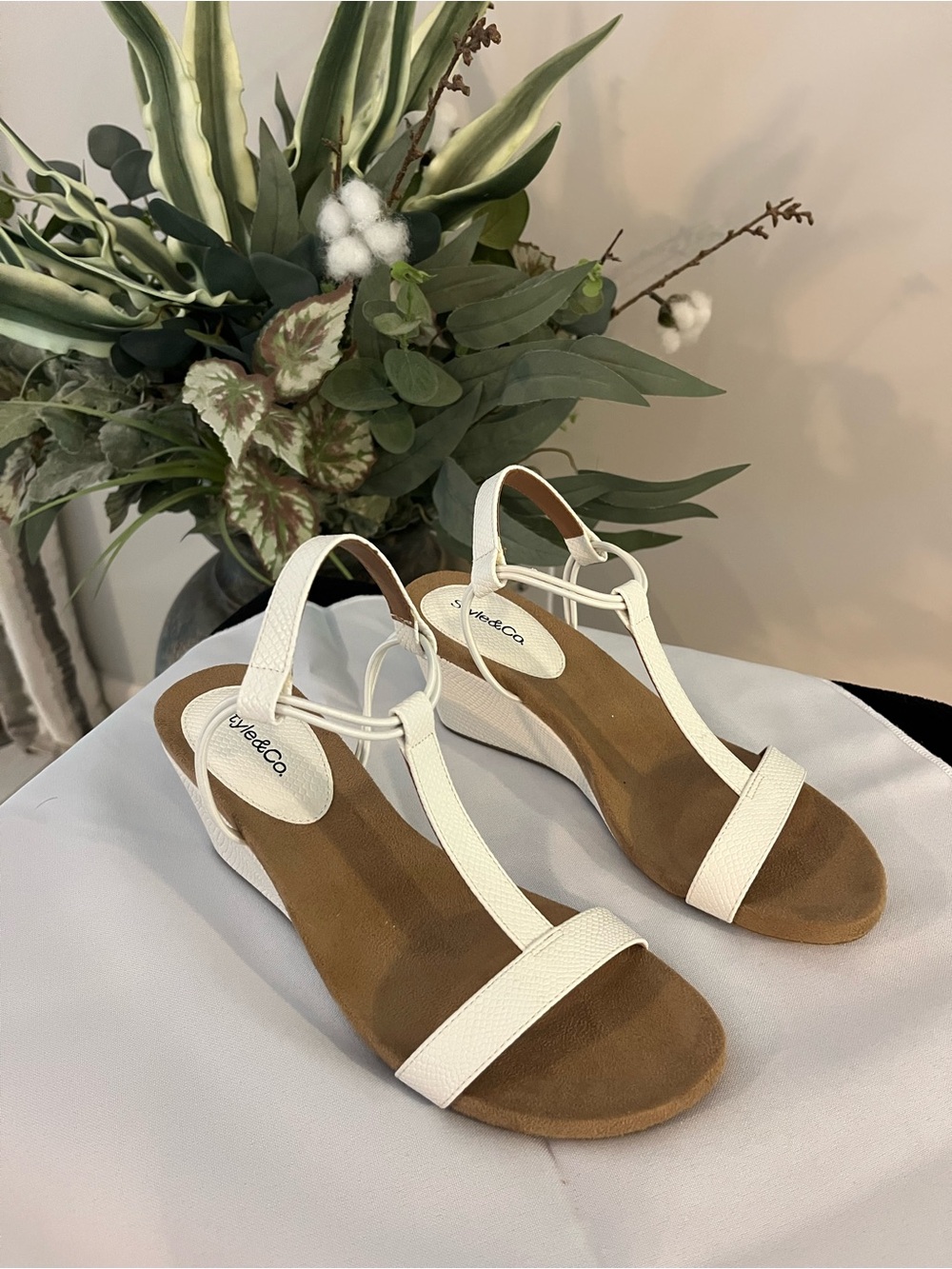 Style & Co. White T-Strap Wedge Sandals